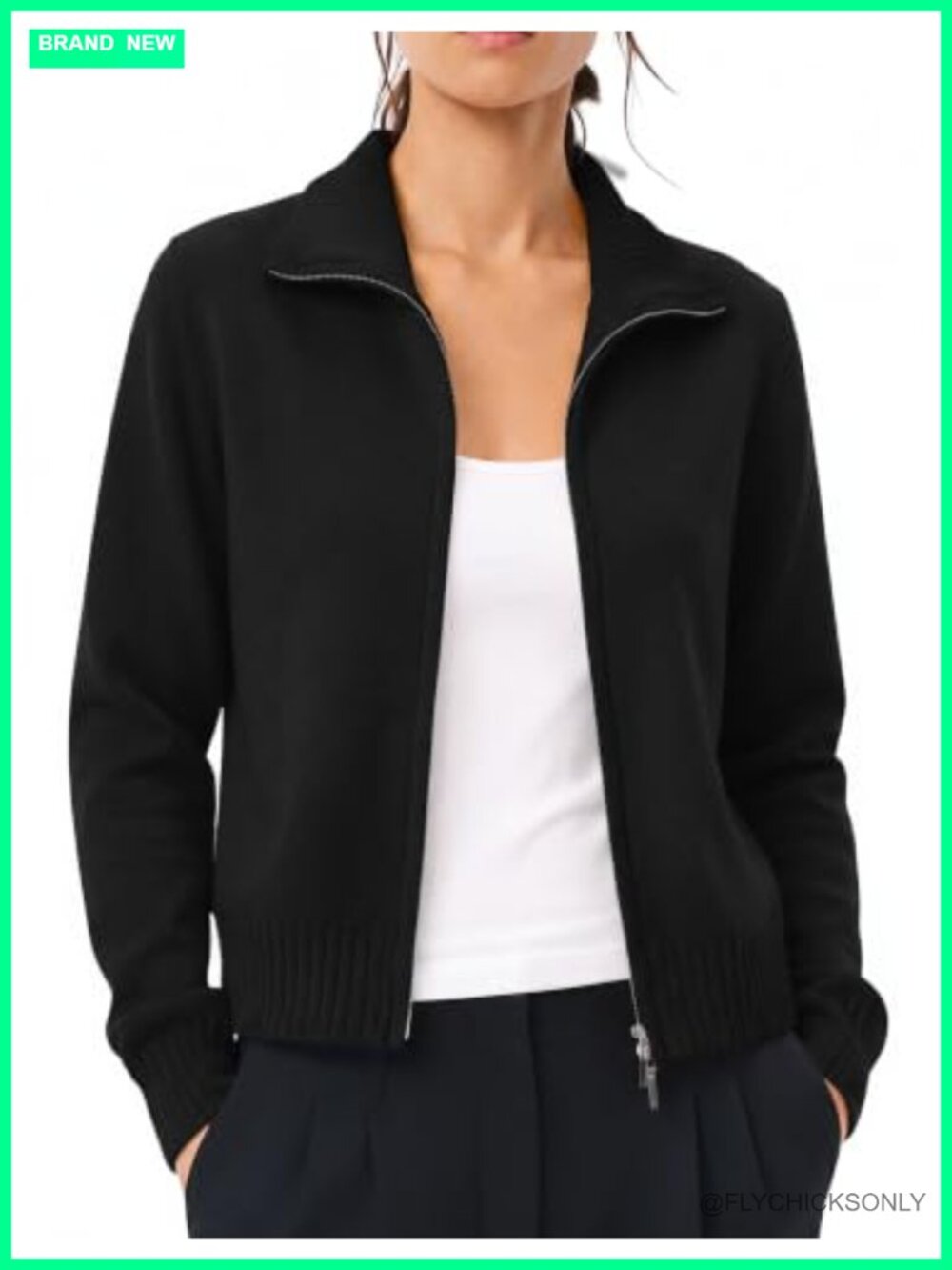 Women's Cropped Zip-Up Knit Cardigan Sweater - Cotton Blend, Mock Neck, Two-Way